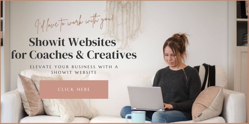 Photo of Carissa Erickson sitting on sofa designing a Showit website on a laptop.